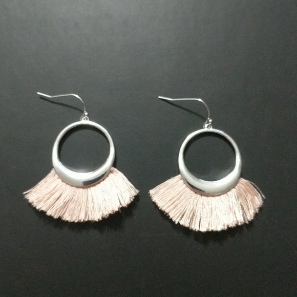 Silver Tone Blush Pink Fringe Hoop Statement Earrings - Picture 1 of 1